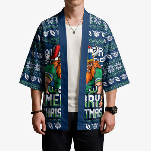 Personalized Canberra Raiders Christmas Kimono Australian Rugby Fans - Pixelated Ugly Xmas Pattern Mascot Santa