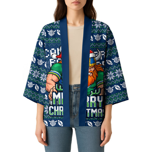 Personalized Canberra Raiders Christmas Kimono Australian Rugby Fans - Pixelated Ugly Xmas Pattern Mascot Santa