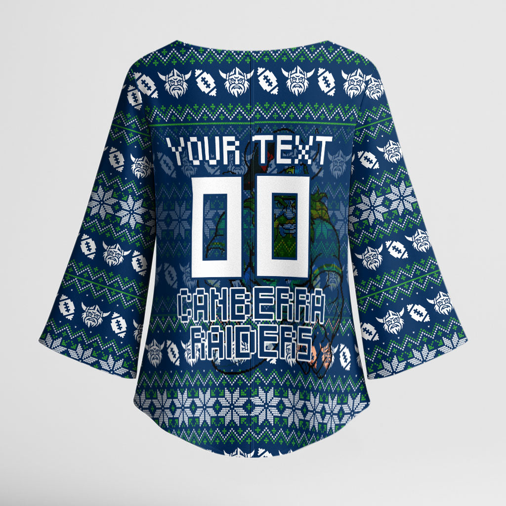 Personalized Canberra Raiders Christmas Kimono Sleeve Blouse Australian Rugby Fans - Pixelated Ugly Xmas Pattern Mascot Santa