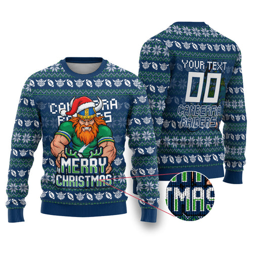 Personalized Canberra Raiders Christmas Ugly Christmas Sweater Australian Rugby Fans - Pixelated Ugly Xmas Pattern Mascot Santa