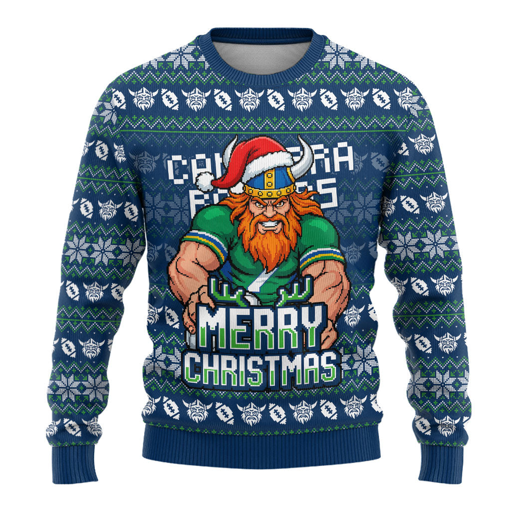 Personalized Canberra Raiders Christmas Ugly Christmas Sweater Australian Rugby Fans - Pixelated Ugly Xmas Pattern Mascot Santa