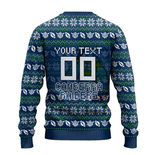Personalized Canberra Raiders Christmas Ugly Christmas Sweater Australian Rugby Fans - Pixelated Ugly Xmas Pattern Mascot Santa