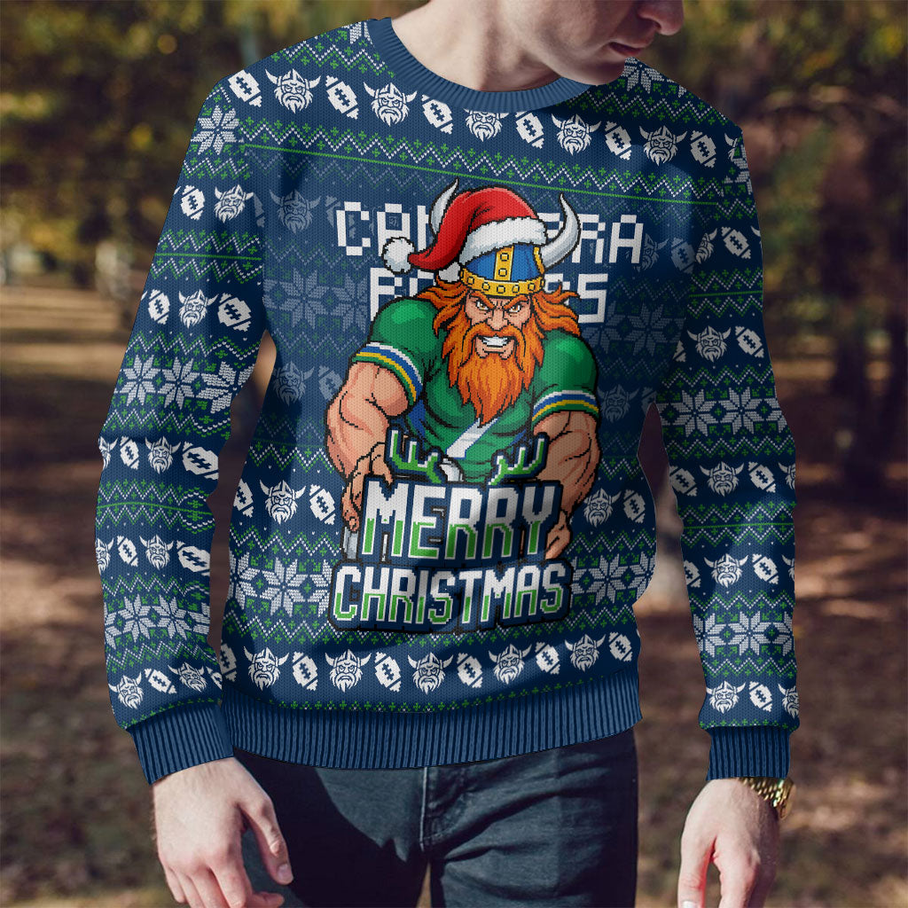 Personalized Canberra Raiders Christmas Ugly Christmas Sweater Australian Rugby Fans - Pixelated Ugly Xmas Pattern Mascot Santa