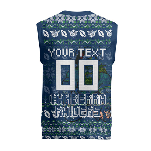 Personalized Canberra Raiders Christmas Knitted V-Neck Vest Australian Rugby Fans - Pixelated Ugly Xmas Pattern Mascot Santa