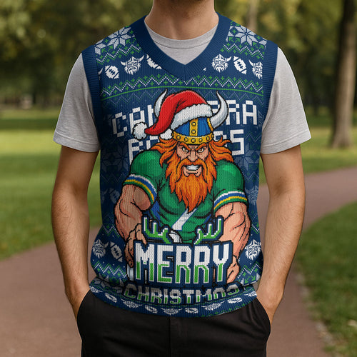 Personalized Canberra Raiders Christmas Knitted V-Neck Vest Australian Rugby Fans - Pixelated Ugly Xmas Pattern Mascot Santa