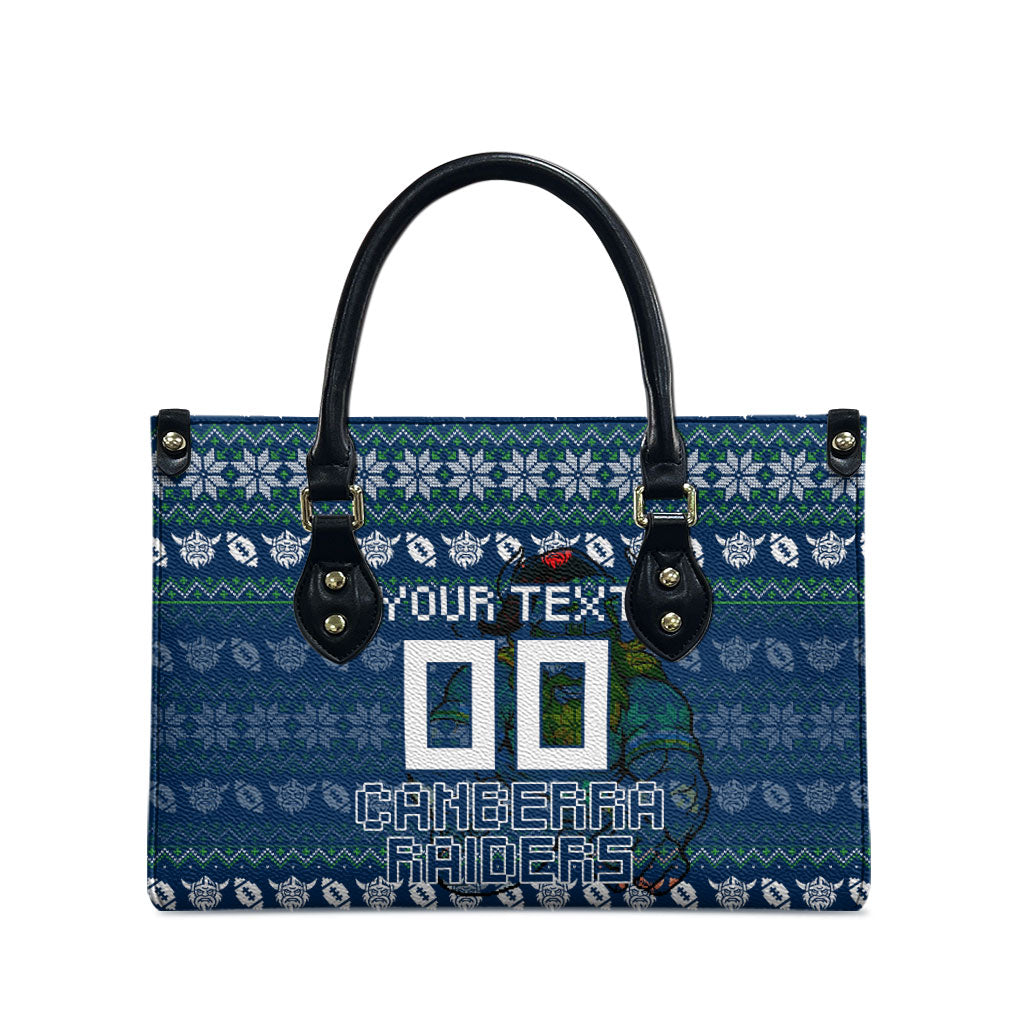 Personalized Canberra Raiders Christmas Leather Bag Australian Rugby Fans - Pixelated Ugly Xmas Pattern Mascot Santa