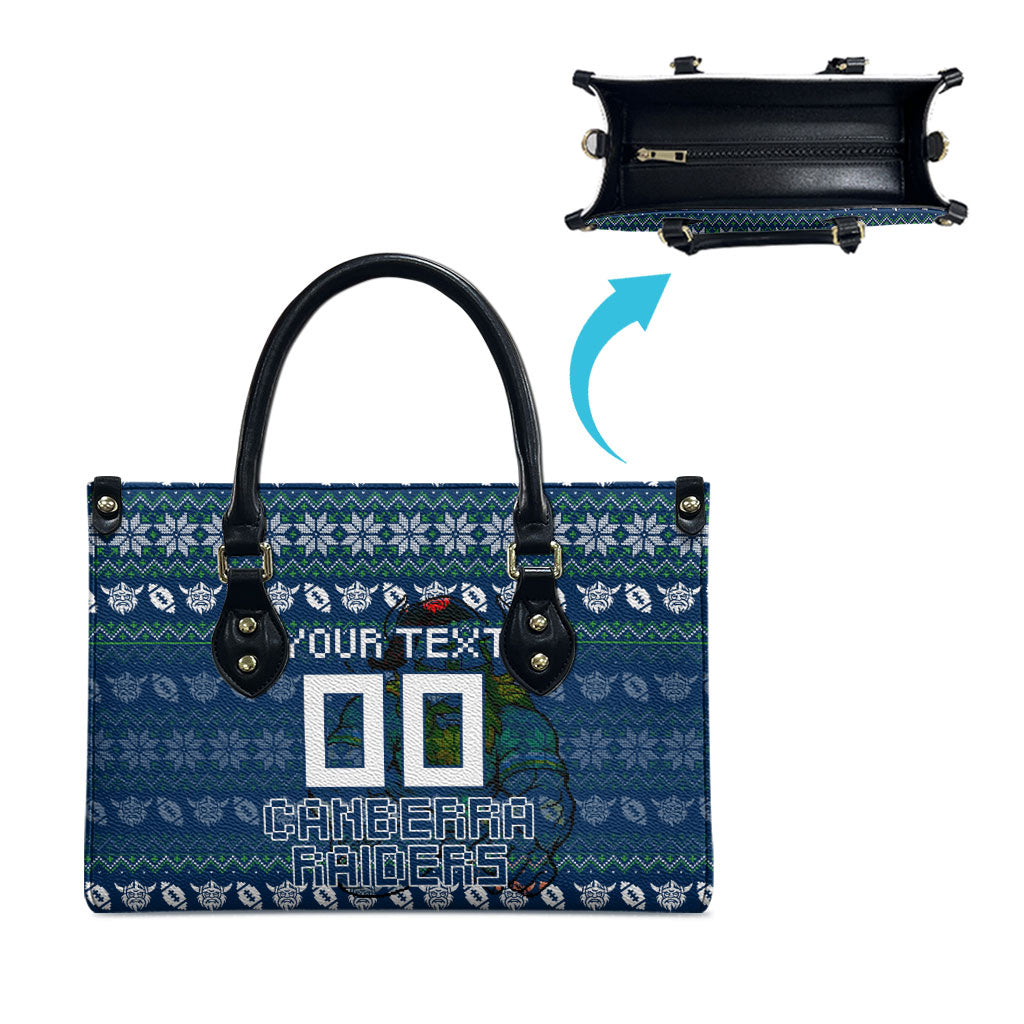 Personalized Canberra Raiders Christmas Leather Bag Australian Rugby Fans - Pixelated Ugly Xmas Pattern Mascot Santa