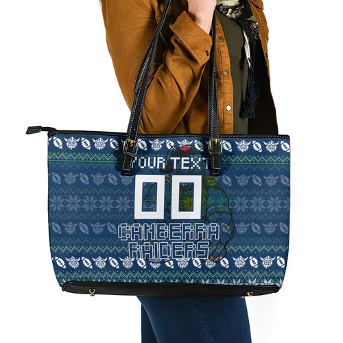 Personalized Canberra Raiders Christmas Leather Tote Bag Australian Rugby Fans - Pixelated Ugly Xmas Pattern Mascot Santa