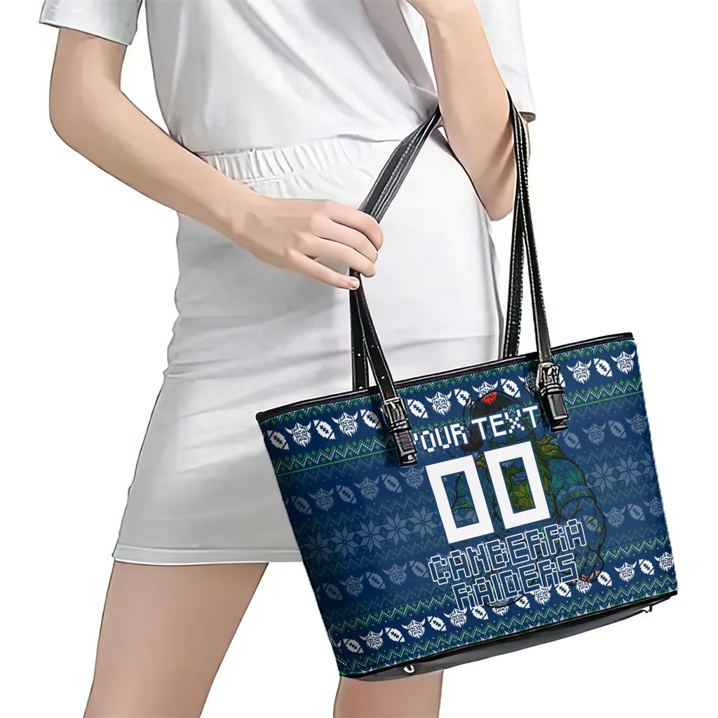 Personalized Canberra Raiders Christmas Leather Tote Bag Australian Rugby Fans - Pixelated Ugly Xmas Pattern Mascot Santa