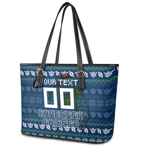 Personalized Canberra Raiders Christmas Leather Tote Bag Australian Rugby Fans - Pixelated Ugly Xmas Pattern Mascot Santa