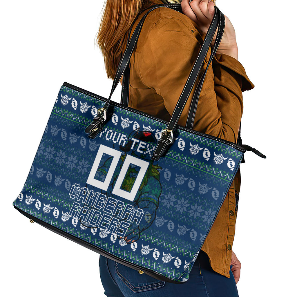 Personalized Canberra Raiders Christmas Leather Tote Bag Australian Rugby Fans - Pixelated Ugly Xmas Pattern Mascot Santa