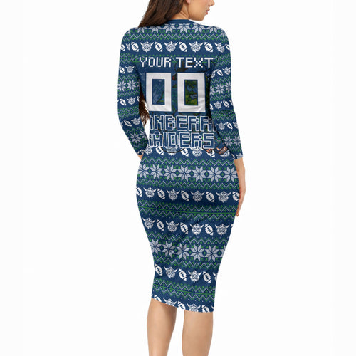 Personalized Canberra Raiders Christmas Long Sleeve Bodycon Dress Australian Rugby Fans - Pixelated Ugly Xmas Pattern Mascot Santa