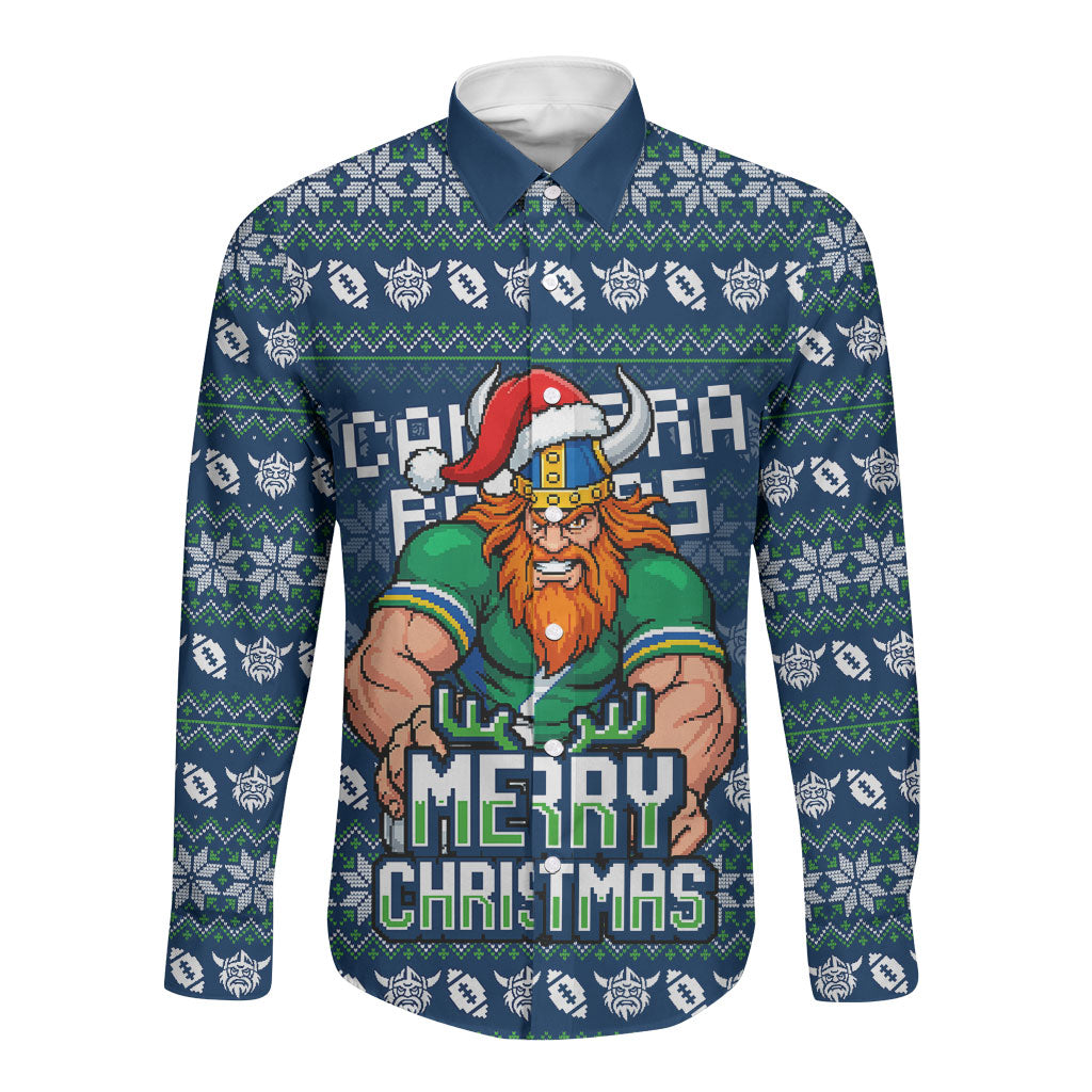Personalized Canberra Raiders Christmas Long Sleeve Button Shirt Australian Rugby Fans - Pixelated Ugly Xmas Pattern Mascot Santa