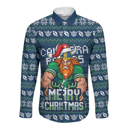 Personalized Canberra Raiders Christmas Long Sleeve Button Shirt Australian Rugby Fans - Pixelated Ugly Xmas Pattern Mascot Santa