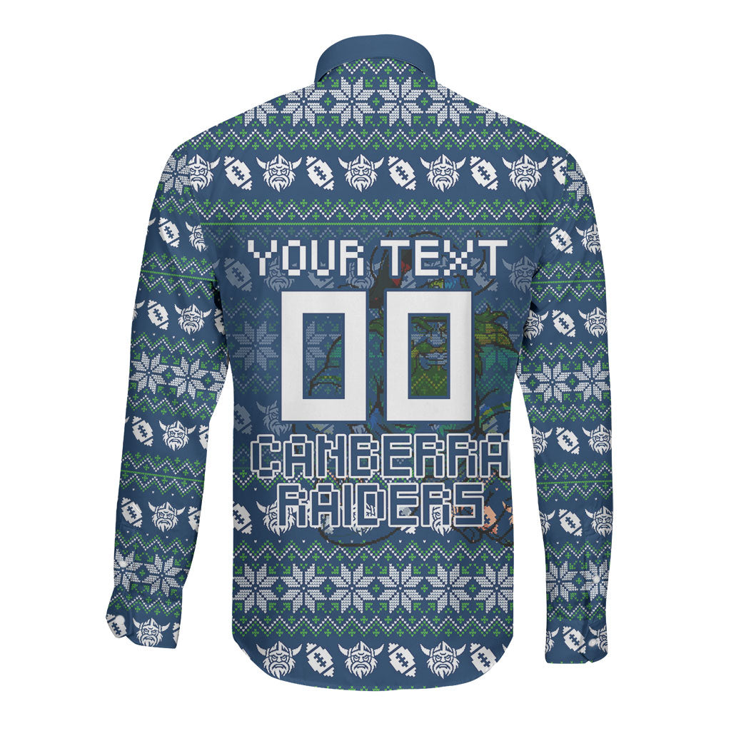 Personalized Canberra Raiders Christmas Long Sleeve Button Shirt Australian Rugby Fans - Pixelated Ugly Xmas Pattern Mascot Santa