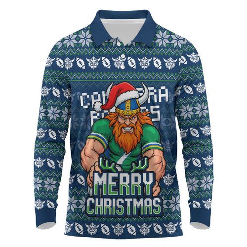 Personalized Canberra Raiders Christmas Long Sleeve Polo Shirt Australian Rugby Fans - Pixelated Ugly Xmas Pattern Mascot Santa