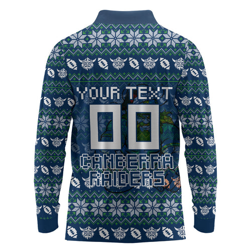 Personalized Canberra Raiders Christmas Long Sleeve Polo Shirt Australian Rugby Fans - Pixelated Ugly Xmas Pattern Mascot Santa