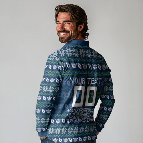 Personalized Canberra Raiders Christmas Long Sleeve Polo Shirt Australian Rugby Fans - Pixelated Ugly Xmas Pattern Mascot Santa