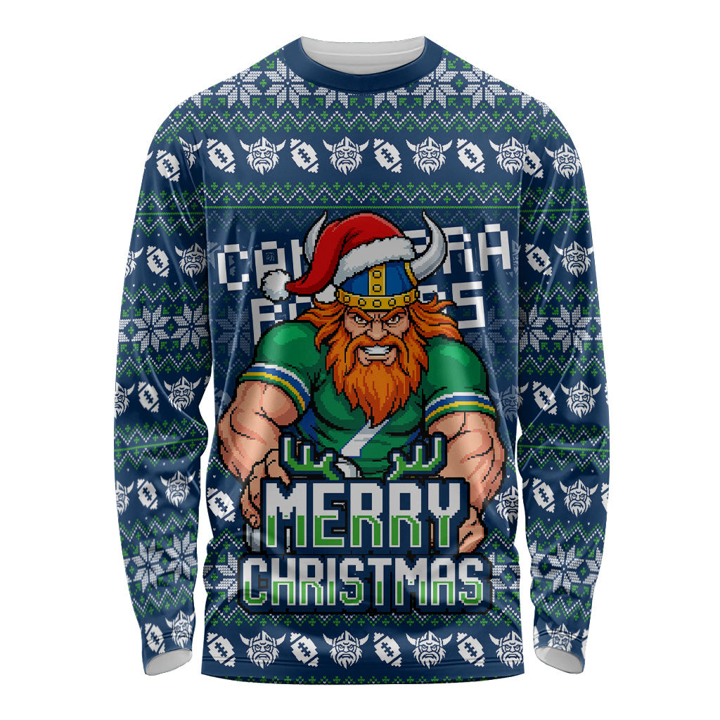 Personalized Canberra Raiders Christmas Long Sleeve Shirt Australian Rugby Fans - Pixelated Ugly Xmas Pattern Mascot Santa