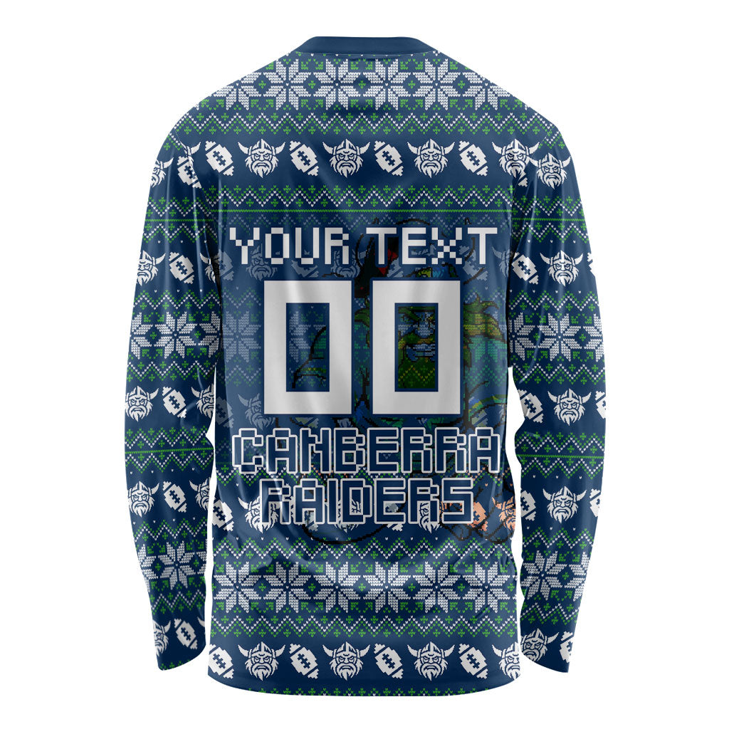 Personalized Canberra Raiders Christmas Long Sleeve Shirt Australian Rugby Fans - Pixelated Ugly Xmas Pattern Mascot Santa