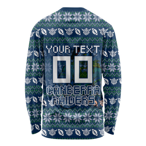 Personalized Canberra Raiders Christmas Long Sleeve Shirt Australian Rugby Fans - Pixelated Ugly Xmas Pattern Mascot Santa