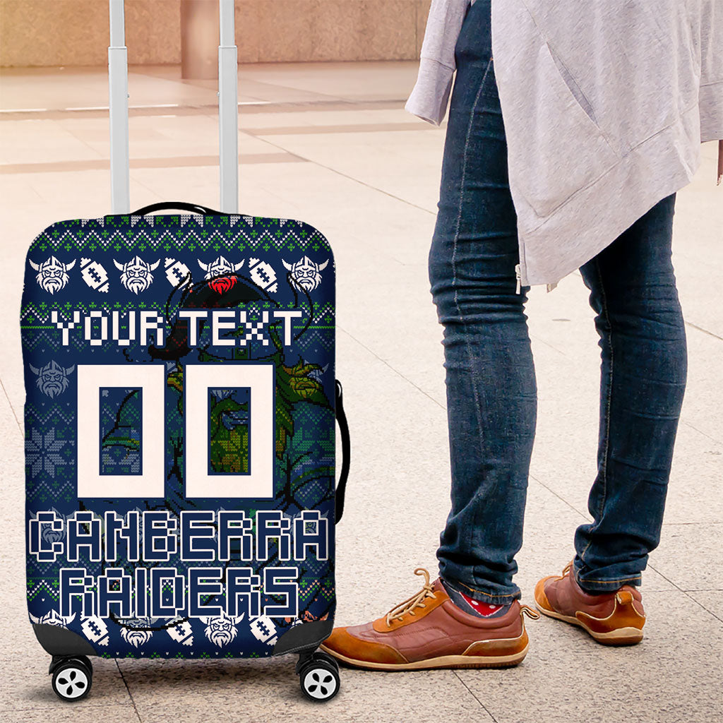 Personalized Canberra Raiders Christmas Luggage Cover Australian Rugby Fans - Pixelated Ugly Xmas Pattern Mascot Santa