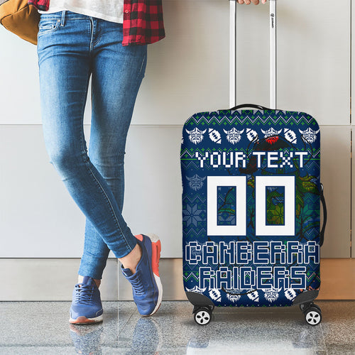 Personalized Canberra Raiders Christmas Luggage Cover Australian Rugby Fans - Pixelated Ugly Xmas Pattern Mascot Santa