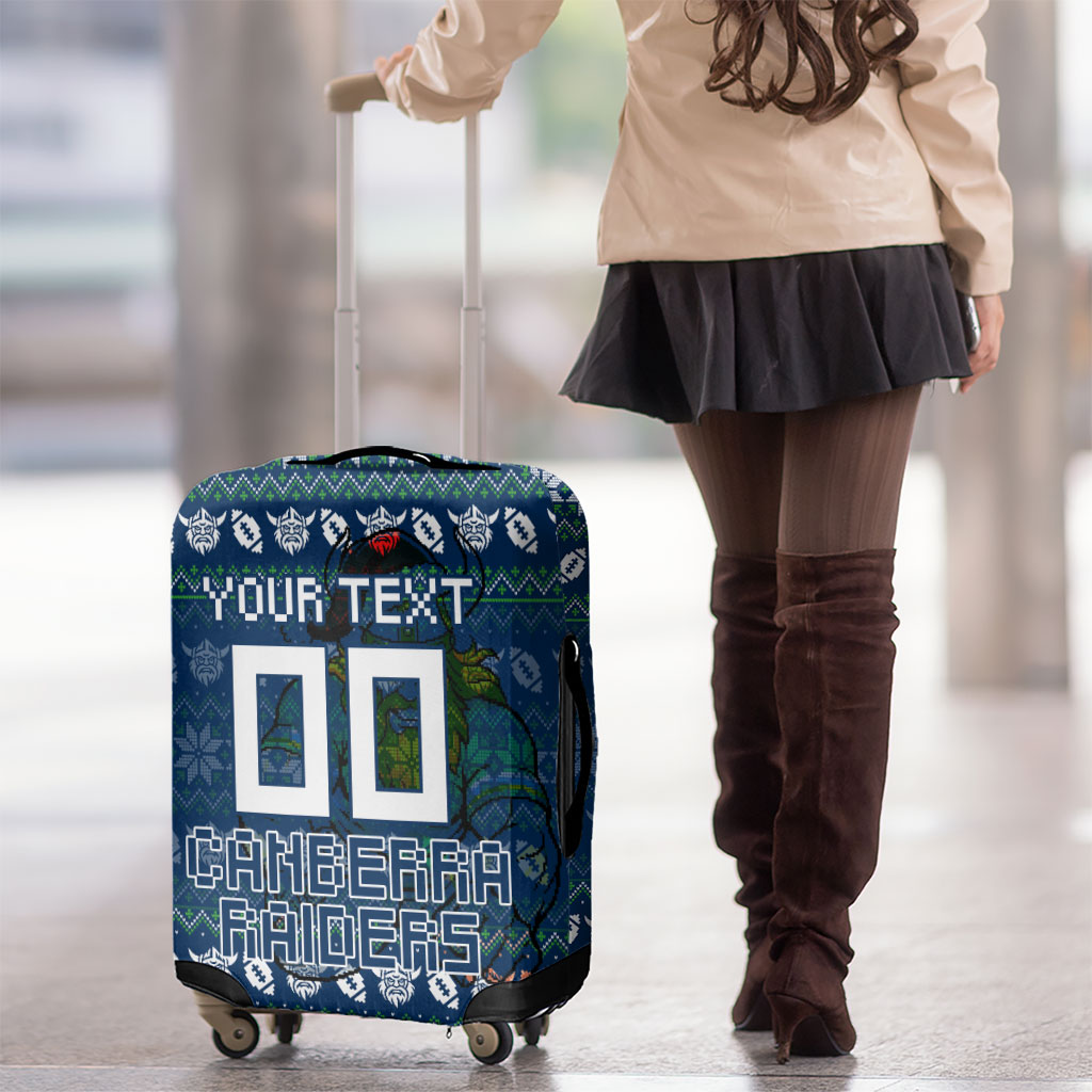 Personalized Canberra Raiders Christmas Luggage Cover Australian Rugby Fans - Pixelated Ugly Xmas Pattern Mascot Santa