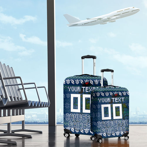 Personalized Canberra Raiders Christmas Luggage Cover Australian Rugby Fans - Pixelated Ugly Xmas Pattern Mascot Santa