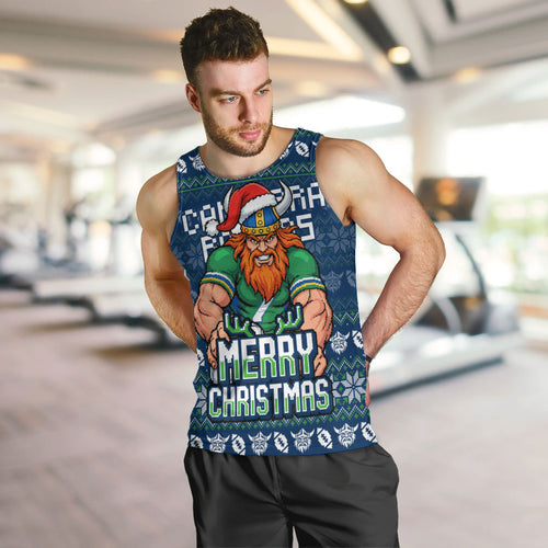 Personalized Canberra Raiders Christmas Men Tank Top Australian Rugby Fans - Pixelated Ugly Xmas Pattern Mascot Santa