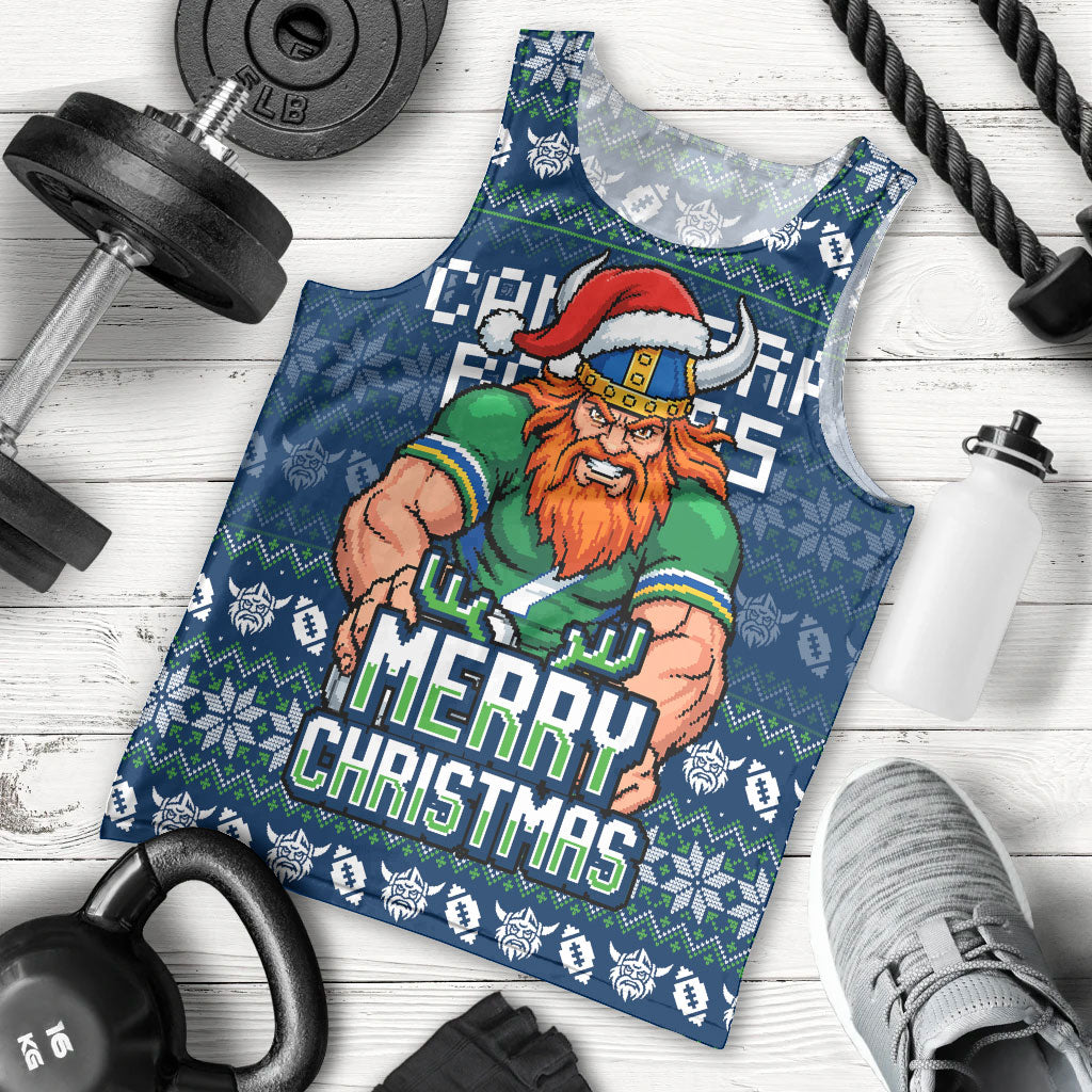 Personalized Canberra Raiders Christmas Men Tank Top Australian Rugby Fans - Pixelated Ugly Xmas Pattern Mascot Santa