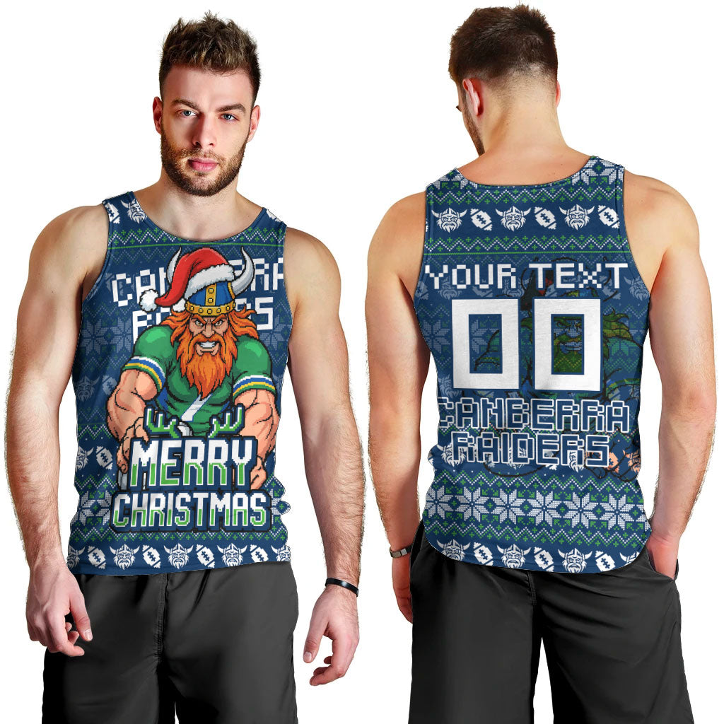 Personalized Canberra Raiders Christmas Men Tank Top Australian Rugby Fans - Pixelated Ugly Xmas Pattern Mascot Santa