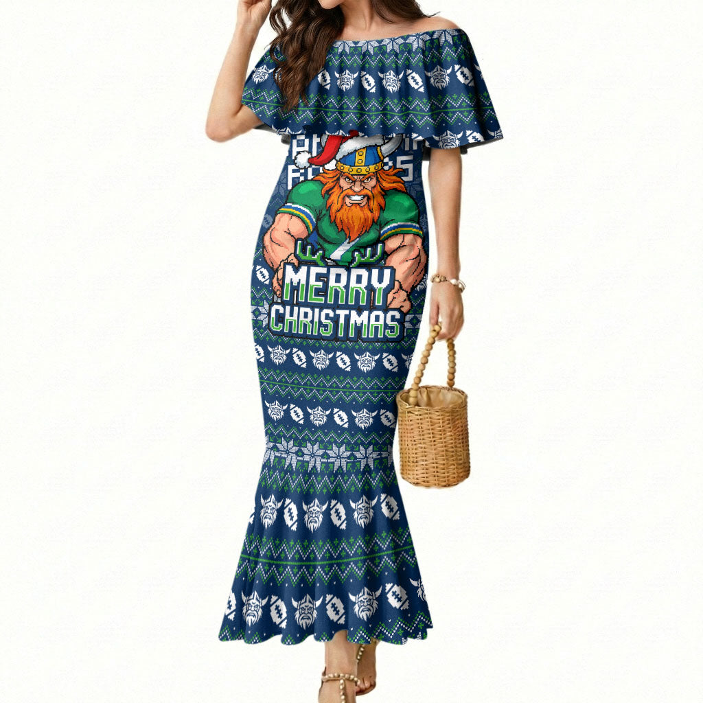 Personalized Canberra Raiders Christmas Mermaid Dress Australian Rugby Fans - Pixelated Ugly Xmas Pattern Mascot Santa