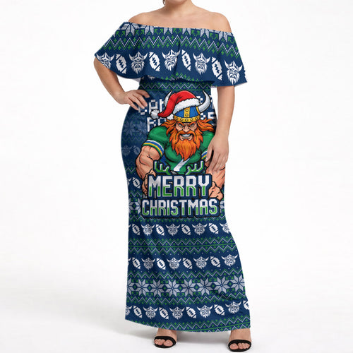 Personalized Canberra Raiders Christmas Off Shoulder Maxi Dress Australian Rugby Fans - Pixelated Ugly Xmas Pattern Mascot Santa