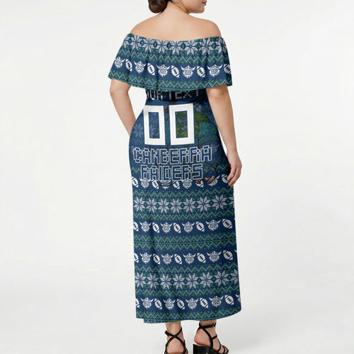 Personalized Canberra Raiders Christmas Off Shoulder Maxi Dress Australian Rugby Fans - Pixelated Ugly Xmas Pattern Mascot Santa