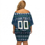 Personalized Canberra Raiders Christmas Off Shoulder Short Dress Australian Rugby Fans - Pixelated Ugly Xmas Pattern Mascot Santa