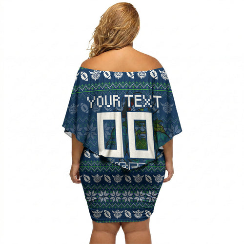 Personalized Canberra Raiders Christmas Off Shoulder Short Dress Australian Rugby Fans - Pixelated Ugly Xmas Pattern Mascot Santa