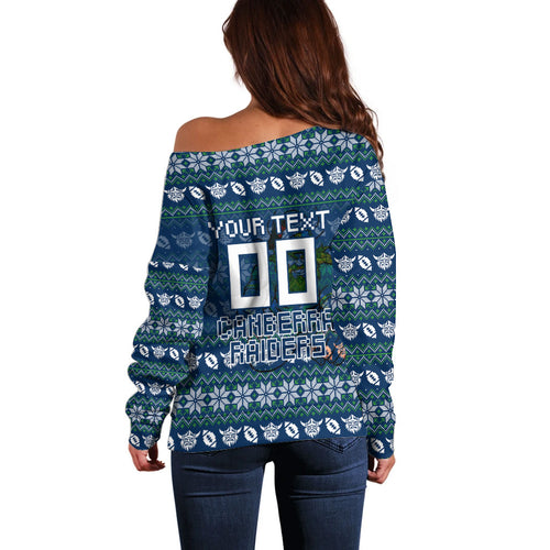Personalized Canberra Raiders Christmas Off Shoulder Sweater Australian Rugby Fans - Pixelated Ugly Xmas Pattern Mascot Santa
