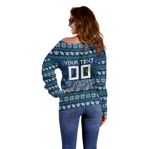 Personalized Canberra Raiders Christmas Off Shoulder Sweater Australian Rugby Fans - Pixelated Ugly Xmas Pattern Mascot Santa