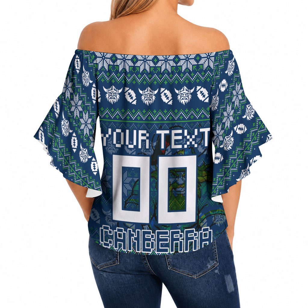 Personalized Canberra Raiders Christmas Off Shoulder Wrap Waist Top Australian Rugby Fans - Pixelated Ugly Xmas Pattern Mascot Santa