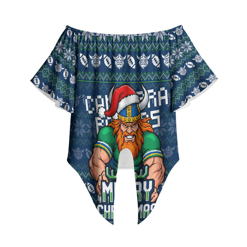 Personalized Canberra Raiders Christmas Off Shoulder Wrap Waist Top Australian Rugby Fans - Pixelated Ugly Xmas Pattern Mascot Santa