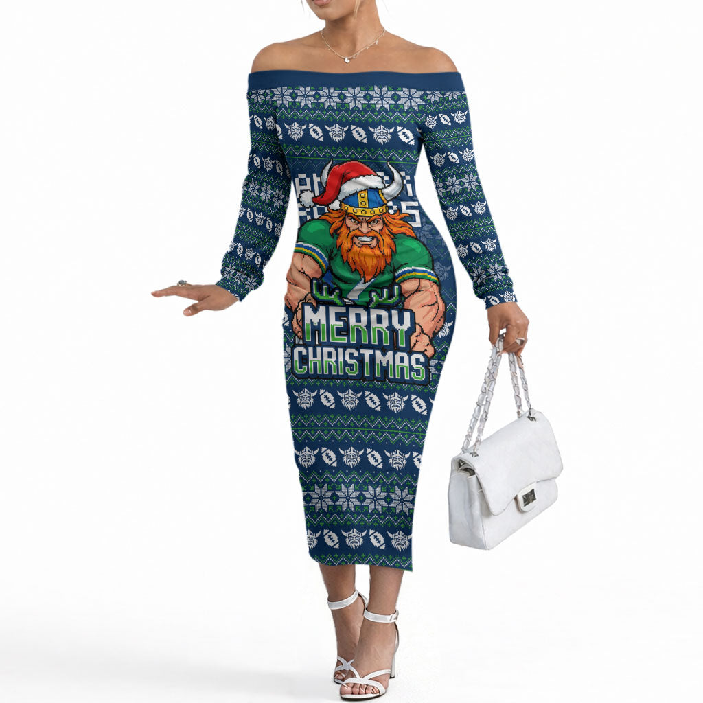 Personalized Canberra Raiders Christmas Off The Shoulder Long Sleeve Dress Australian Rugby Fans - Pixelated Ugly Xmas Pattern Mascot Santa