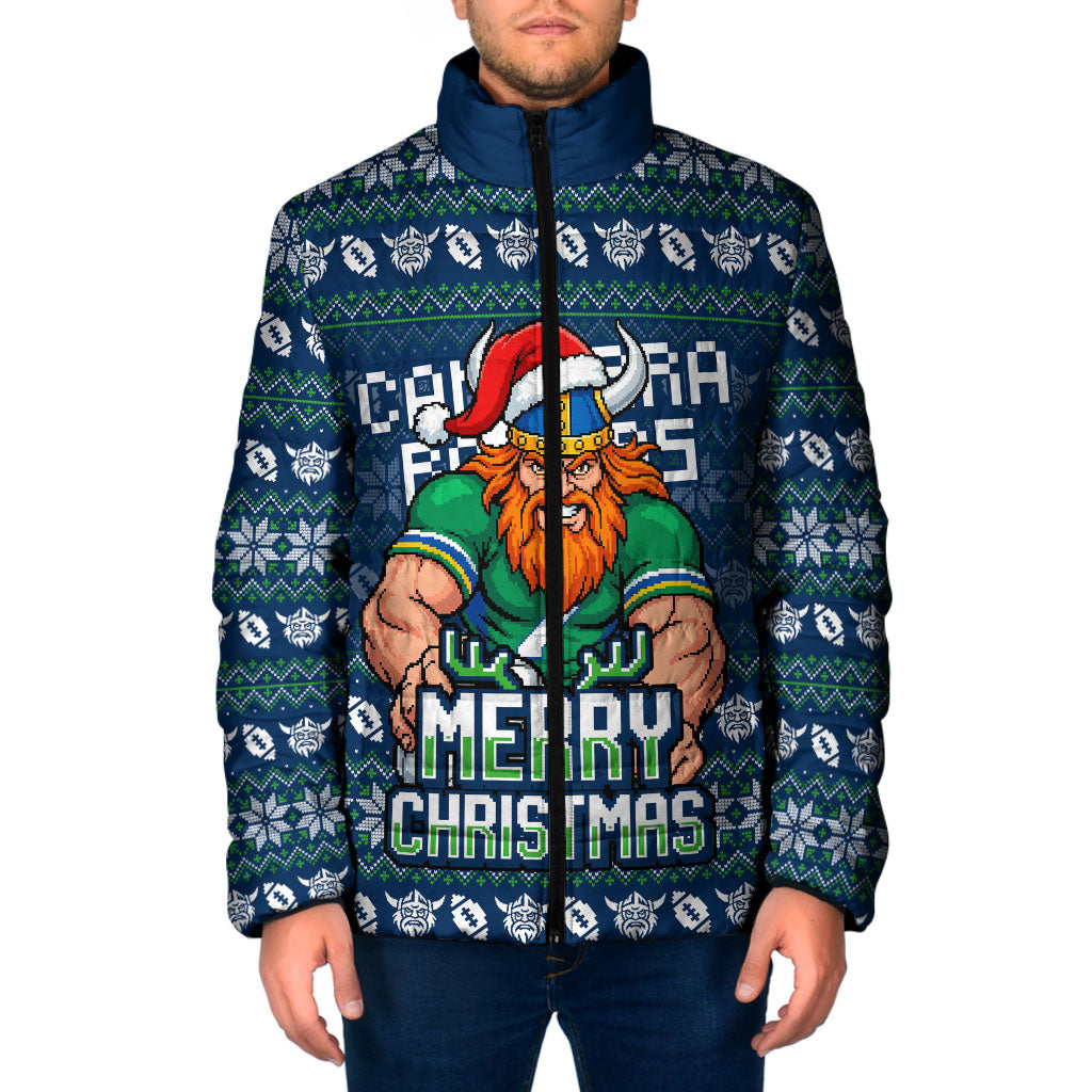 Personalized Canberra Raiders Christmas Padded Jacket Australian Rugby Fans - Pixelated Ugly Xmas Pattern Mascot Santa
