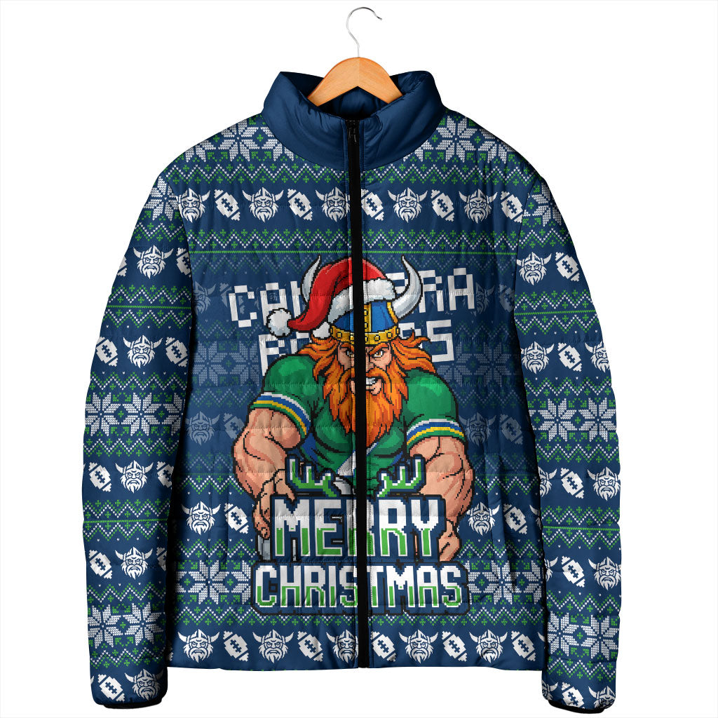 Personalized Canberra Raiders Christmas Padded Jacket Australian Rugby Fans - Pixelated Ugly Xmas Pattern Mascot Santa