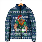 Personalized Canberra Raiders Christmas Padded Jacket Australian Rugby Fans - Pixelated Ugly Xmas Pattern Mascot Santa