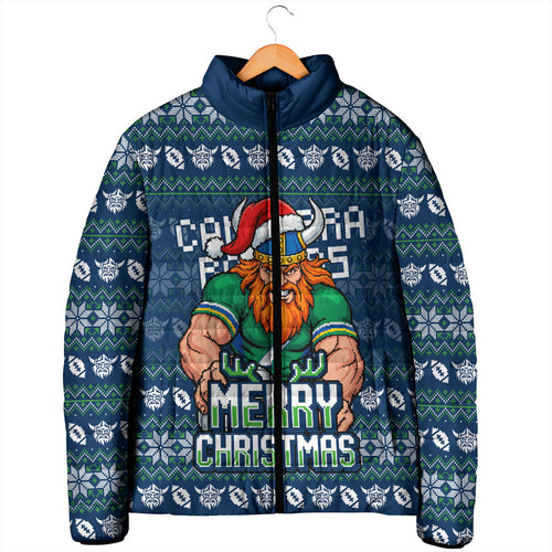 Personalized Canberra Raiders Christmas Padded Jacket Australian Rugby Fans - Pixelated Ugly Xmas Pattern Mascot Santa