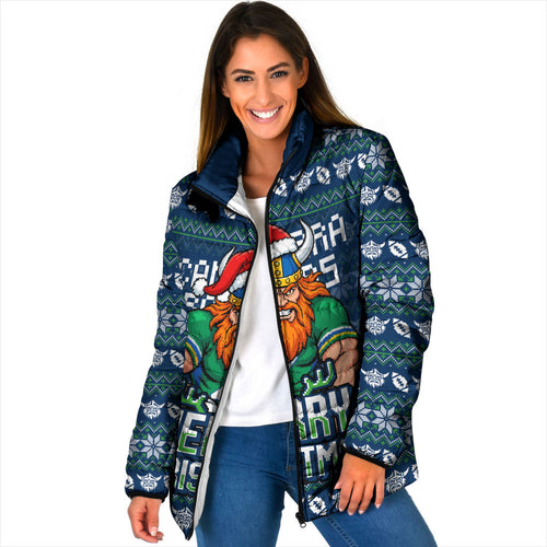 Personalized Canberra Raiders Christmas Padded Jacket Australian Rugby Fans - Pixelated Ugly Xmas Pattern Mascot Santa
