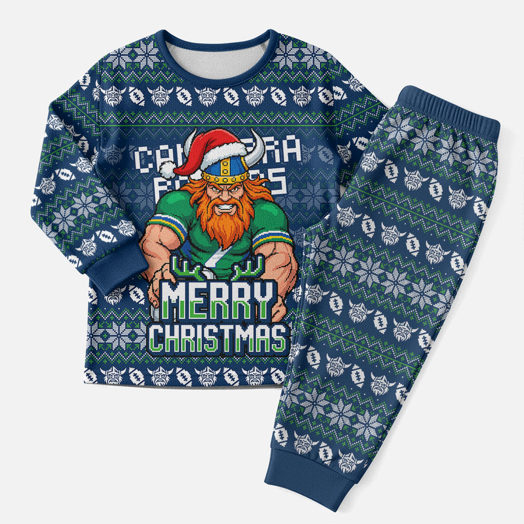 Personalized Canberra Raiders Christmas Pajama Set Australian Rugby Fans - Pixelated Ugly Xmas Pattern Mascot Santa