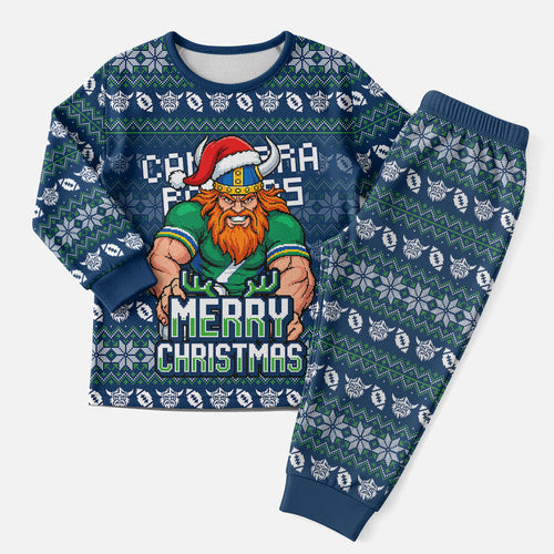 Personalized Canberra Raiders Christmas Pajama Set Australian Rugby Fans - Pixelated Ugly Xmas Pattern Mascot Santa