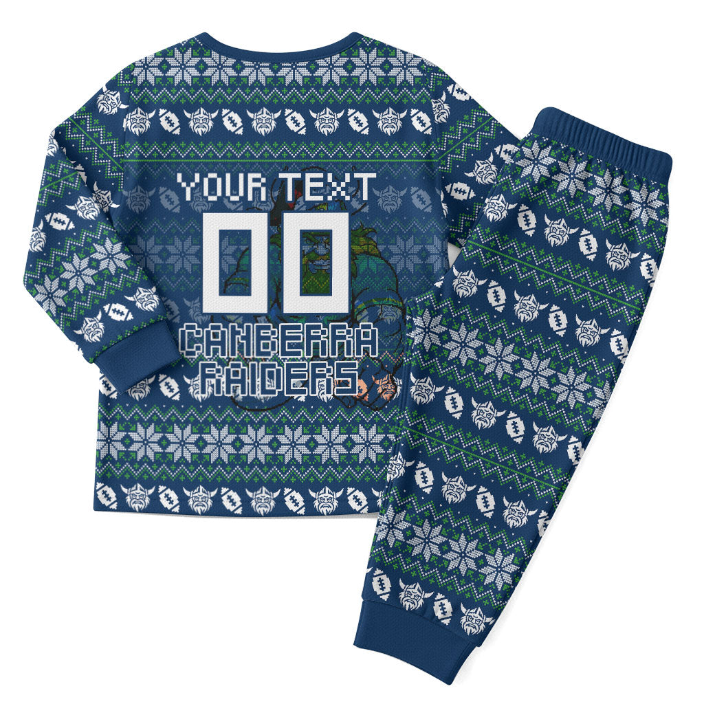 Personalized Canberra Raiders Christmas Pajama Set Australian Rugby Fans - Pixelated Ugly Xmas Pattern Mascot Santa